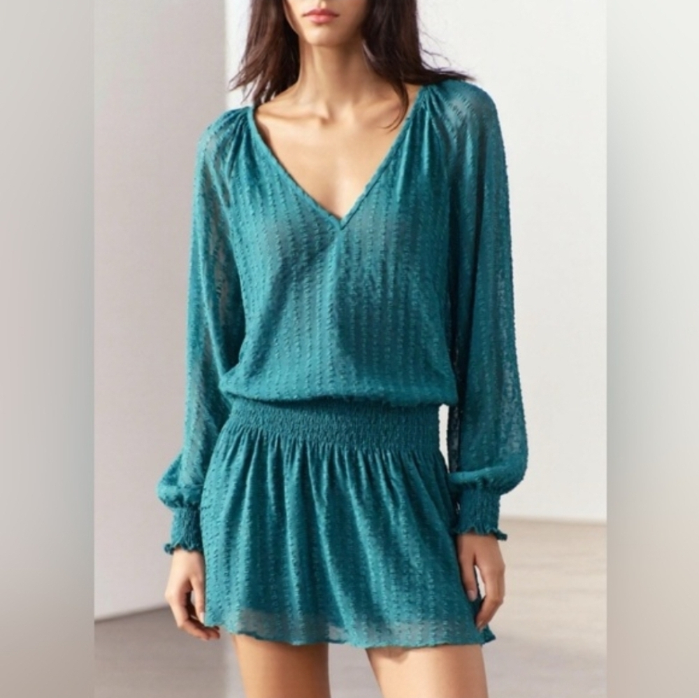 Ramy Brook Embellished Long Sleeve V-Neck Smocked Dress